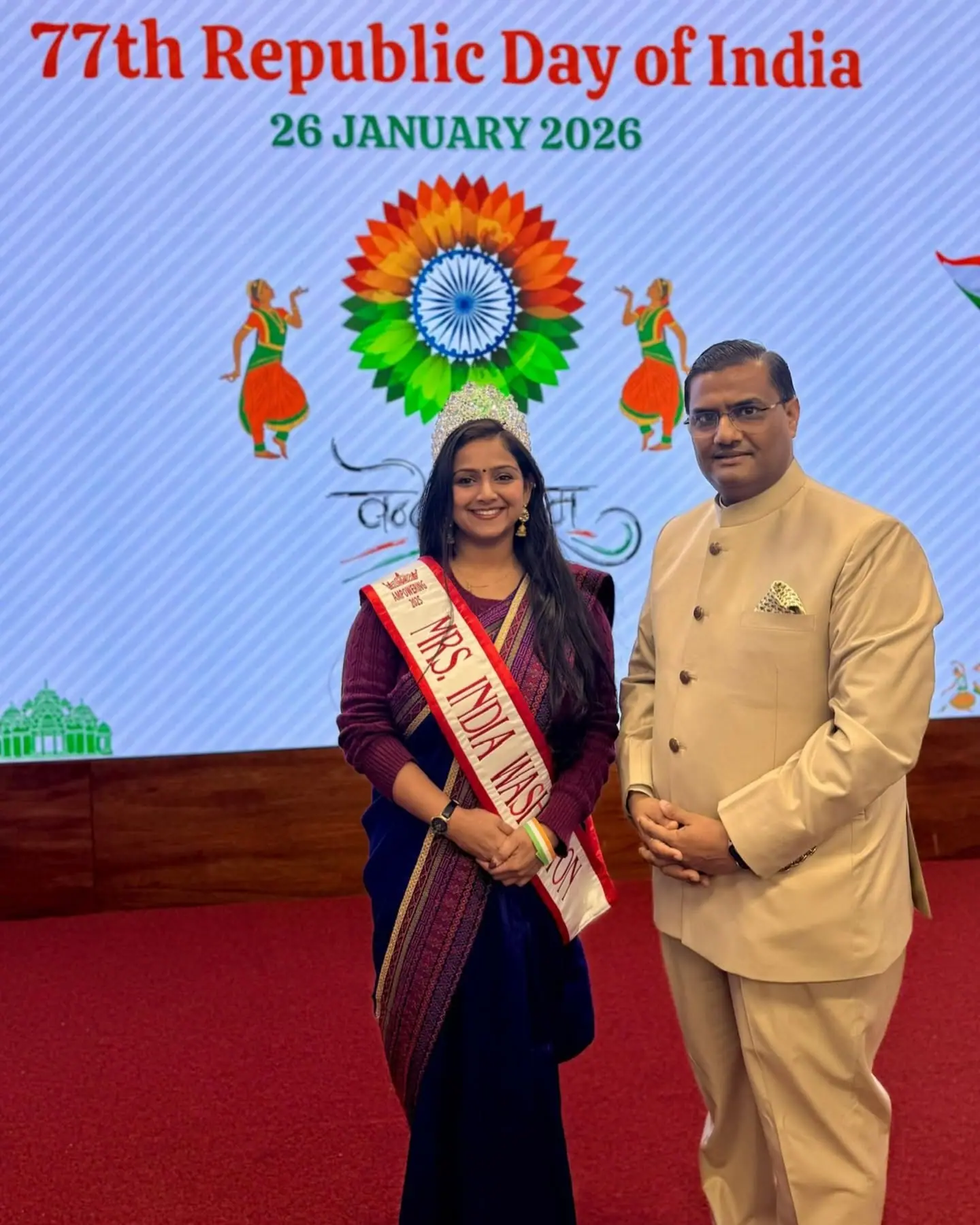 Mrs India Washington titleholder at a 77th Republic Day of India celebration