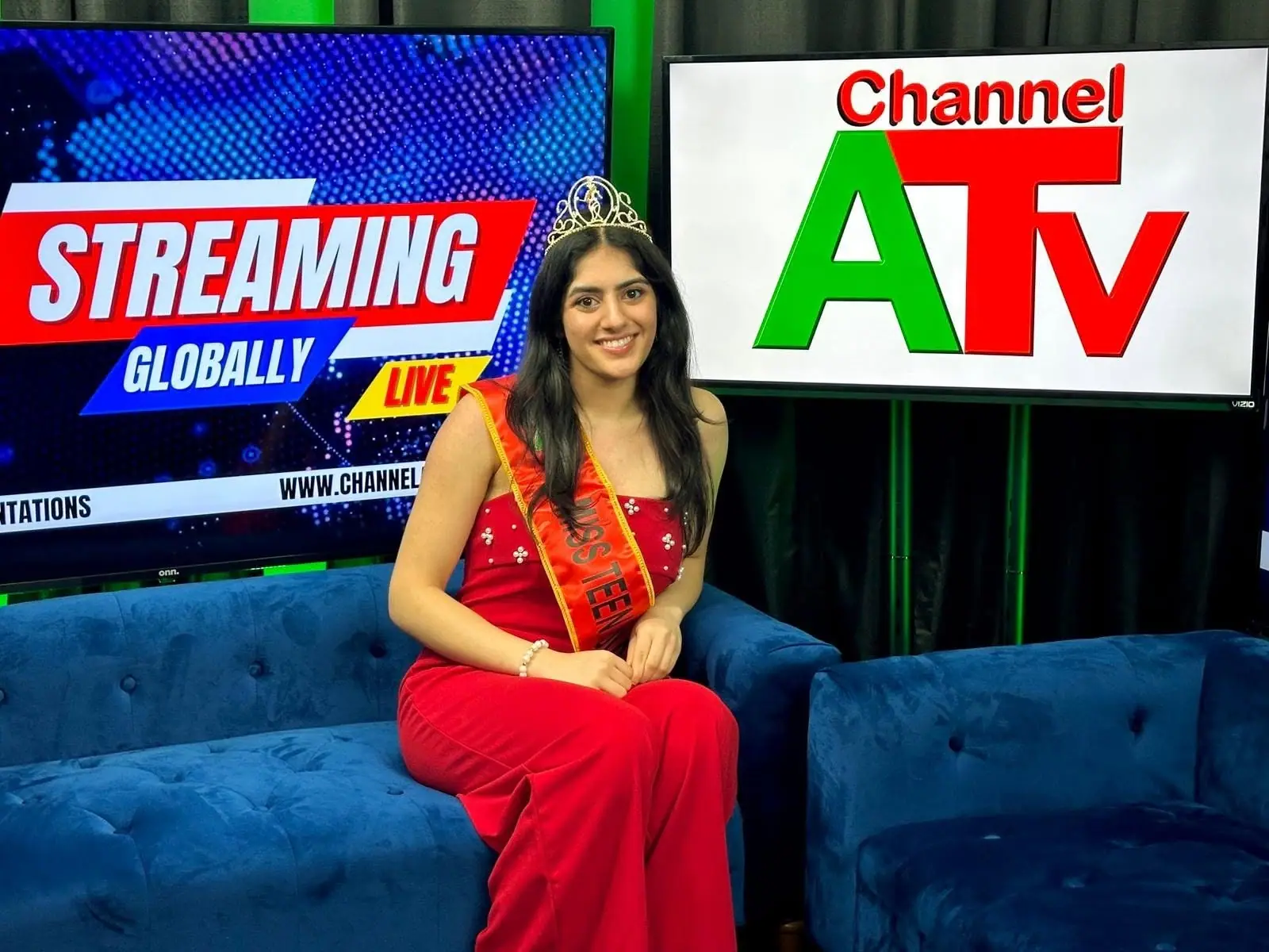 A Miss Teen titleholder in her crown and sash in the Channel ATV studio