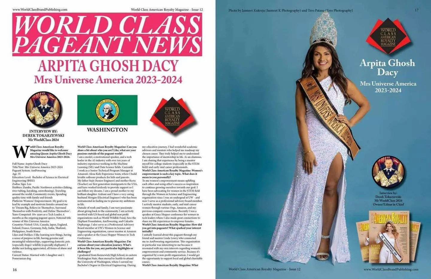 World Class Pageant News magazine spread featuring Arpita Ghosh Dacy, Mrs Universe America 2023–2024