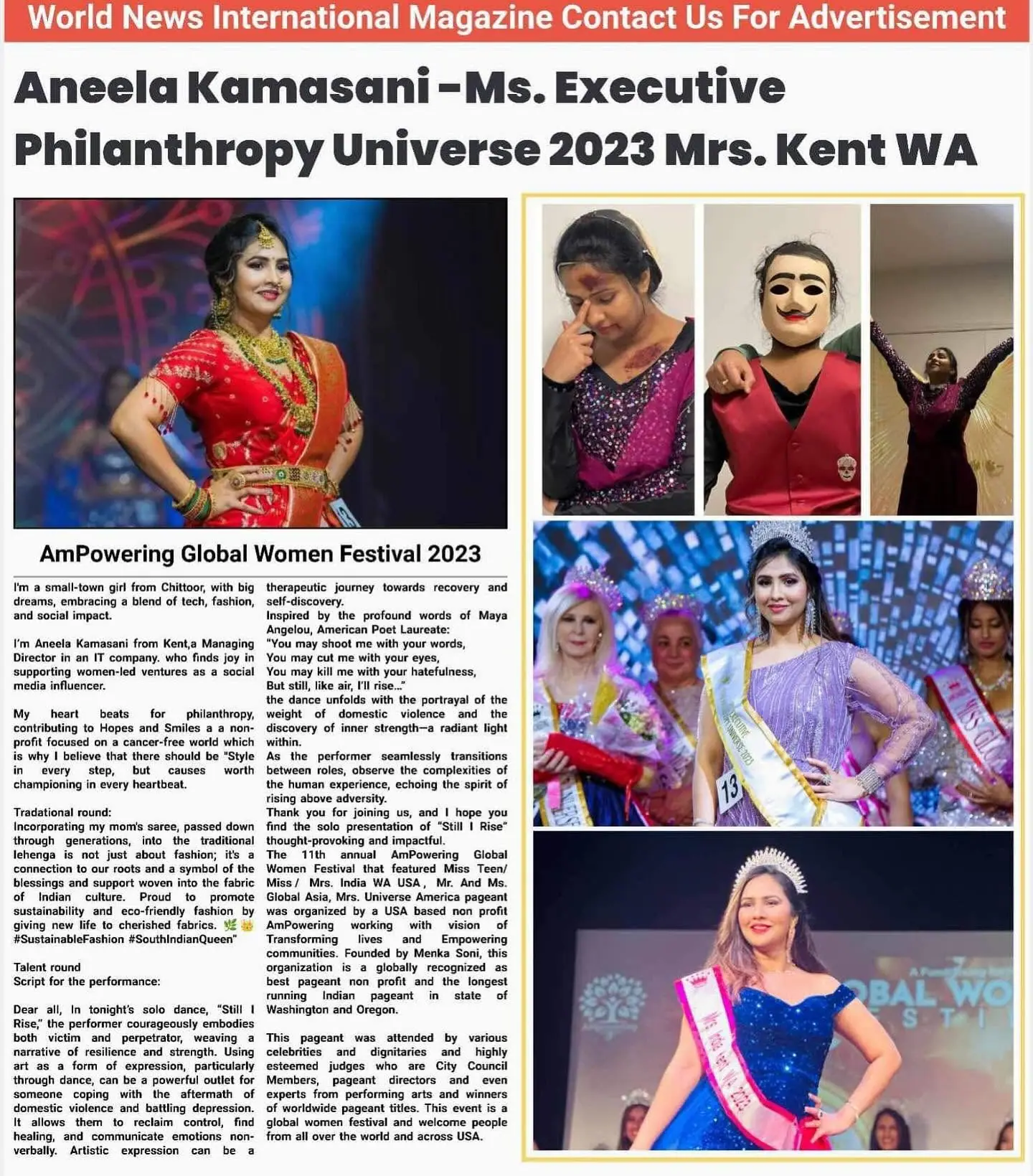 World News International Magazine page featuring Aneela Kamasani, Ms. Executive Philanthropy Universe 2023