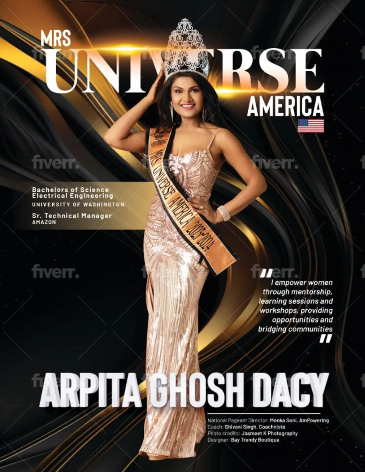 Arpita Ghosh Dacy, Mrs Universe America 2023–2024, in her crown and sash on a magazine-style cover