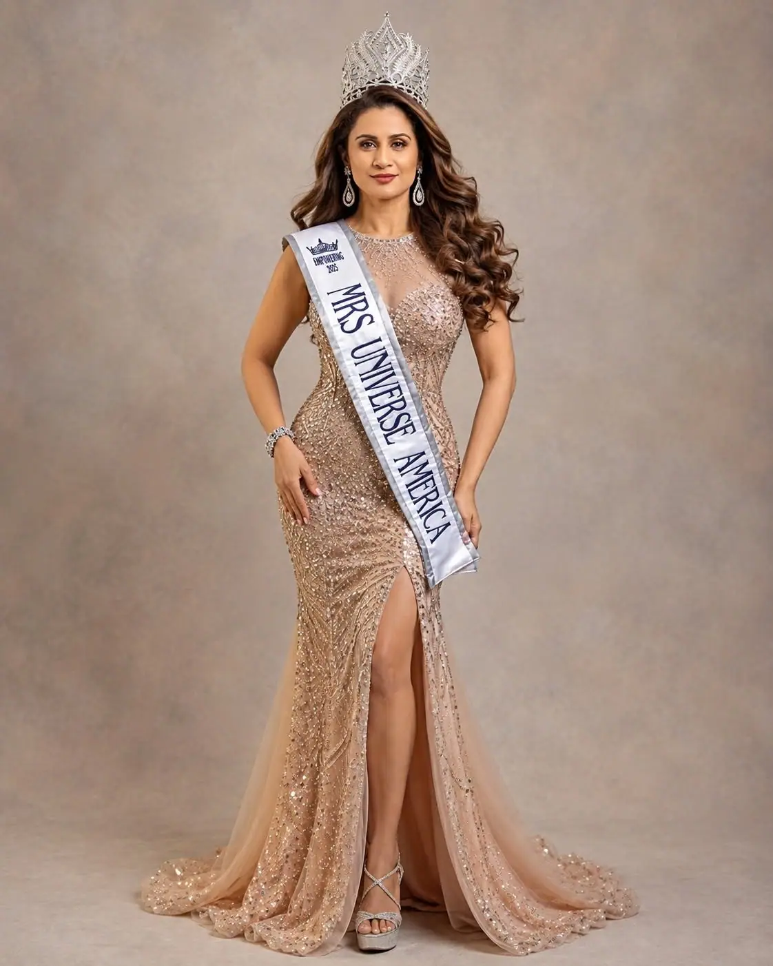 Mrs Universe America titleholder in a gold gown