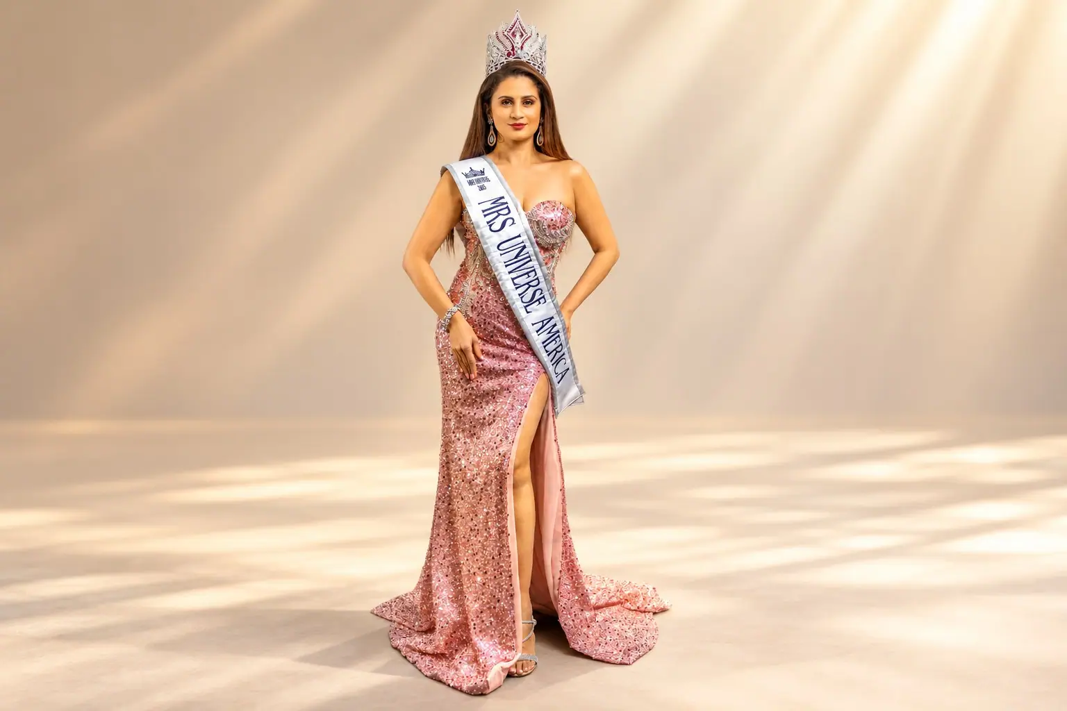 A Mrs Universe America titleholder in a pink sequinned gown, crown and sash