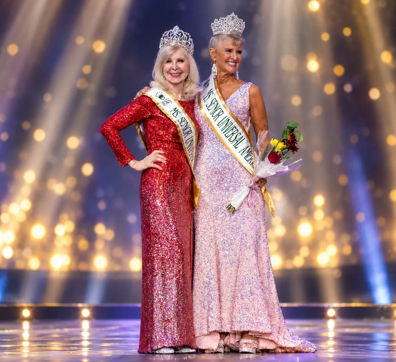 Two Ms Senior Universal America titleholders in crowns and sashes on stage